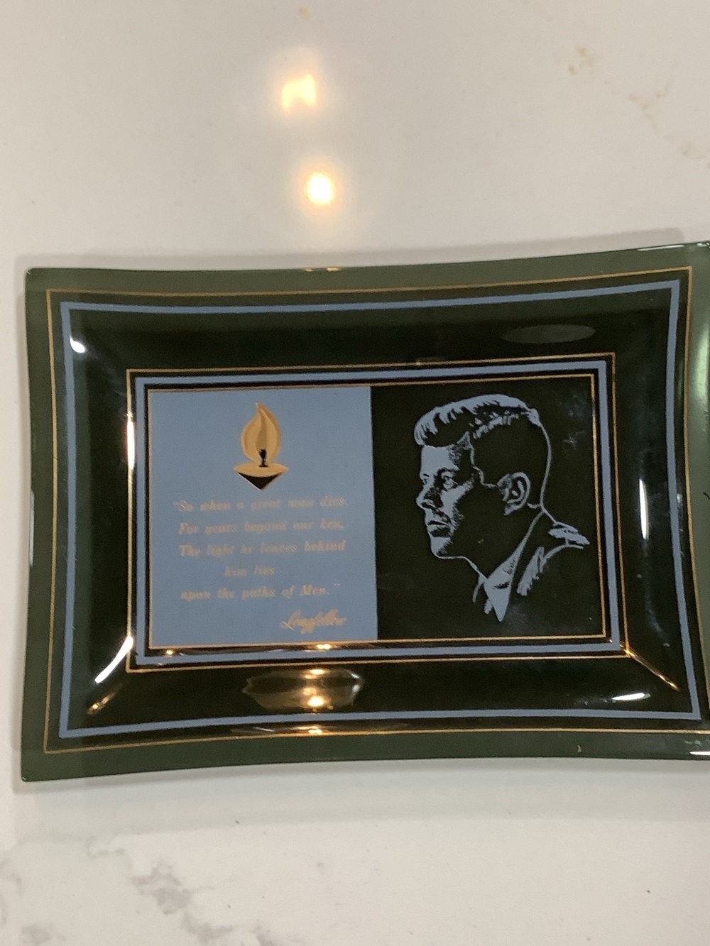 VINTAGE JFK Smoke Glass Memorial Ashtray/ Trinket Dish~Longfellow Quote~